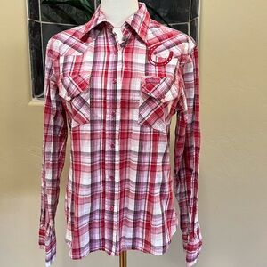 Cowgirl Hardware Horseshoe Bling Long Sleeve Plaid Western Shirt Size Medium